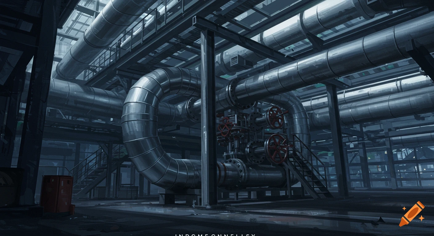 Industrial pipes and valves in a factory setting, concept art style.