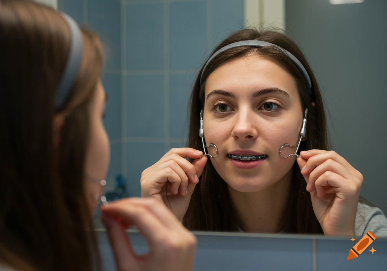 Woman looking in a mirror, adjusting her orthodontic headgear while wearing braces.