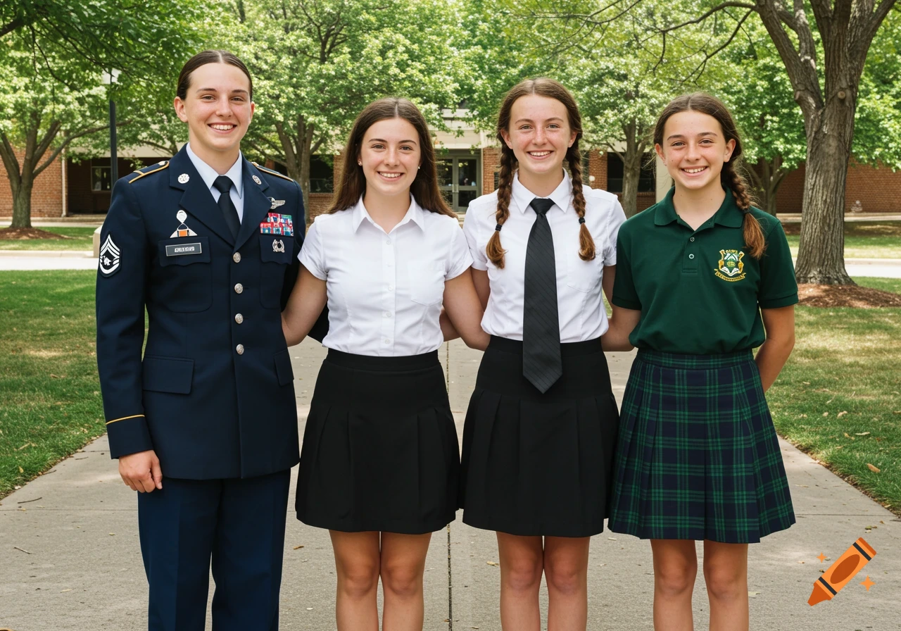 Four young women in school uniforms and a JROTC uniform stand together outdoors.