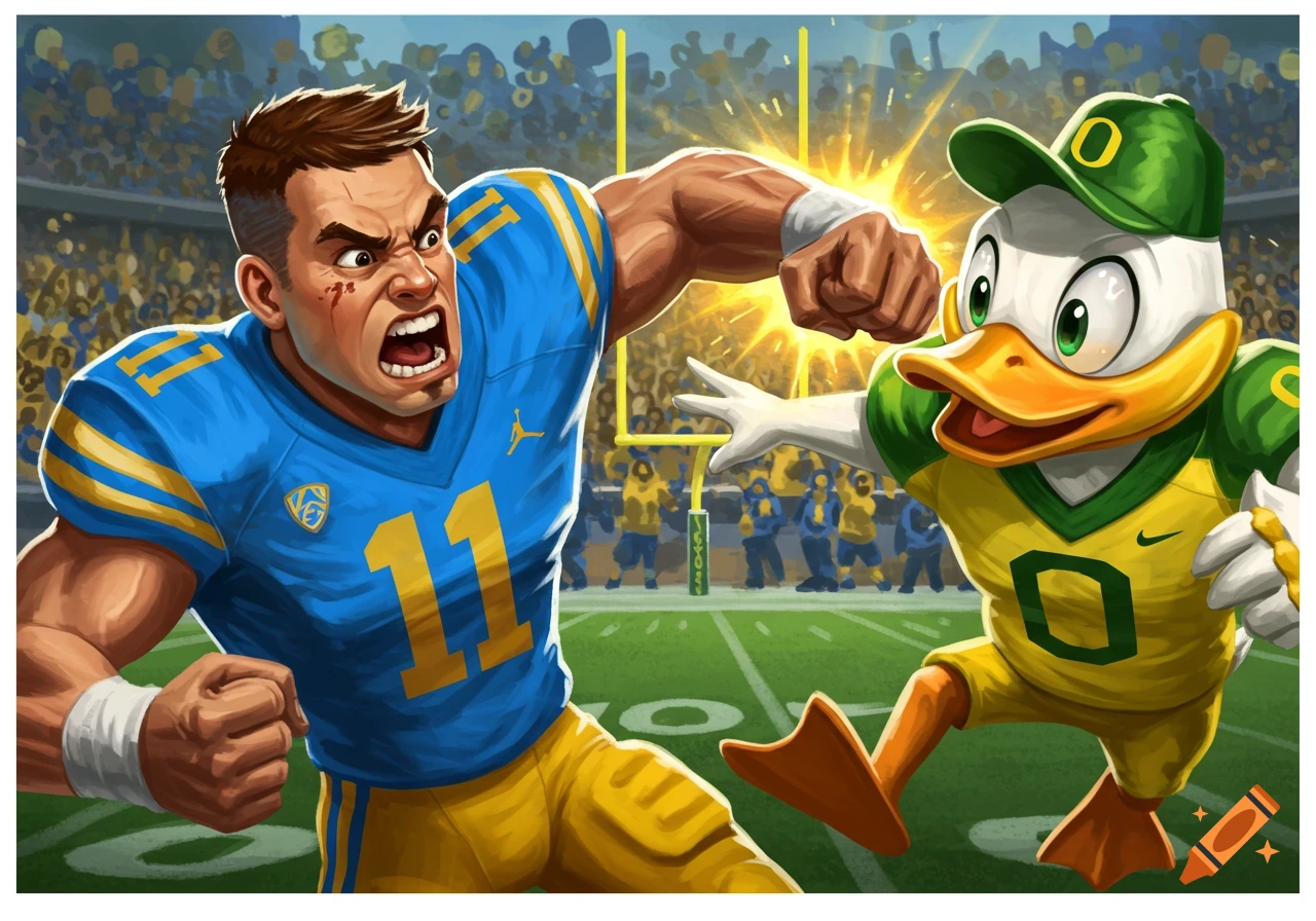 Cartoon UCLA football player and Oregon duck mascot on a football field.