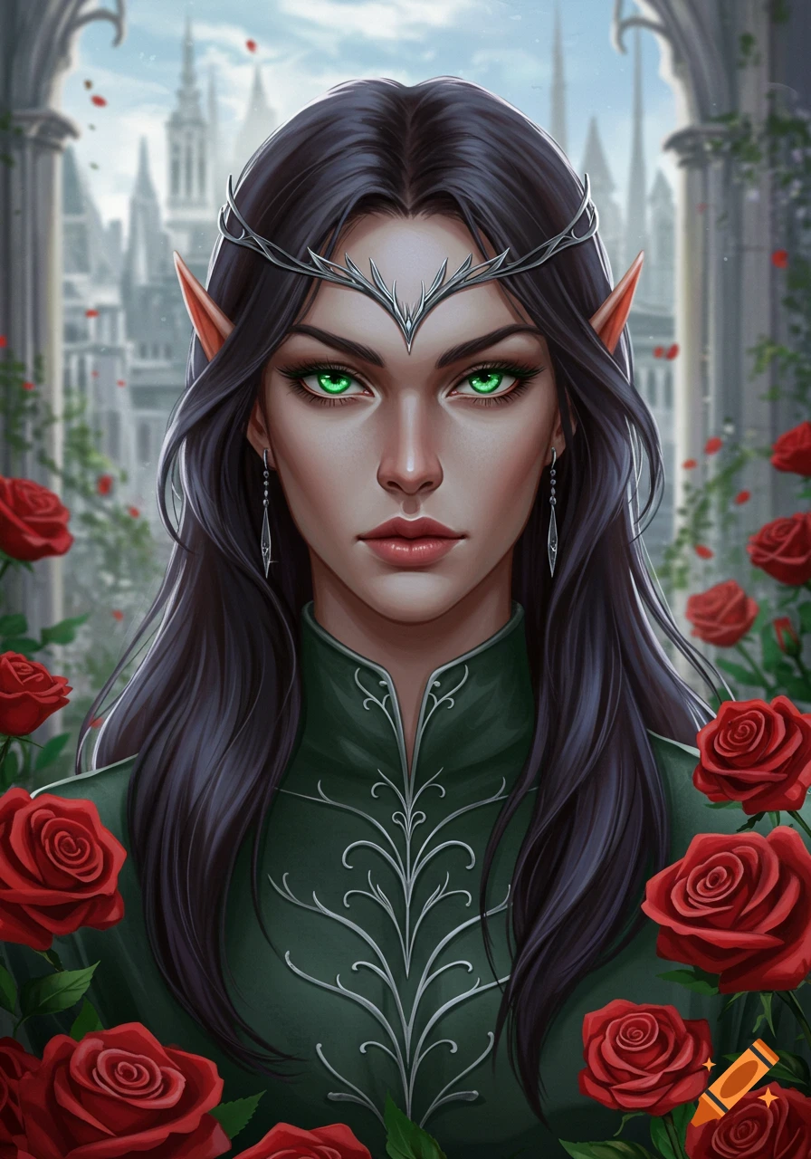Portrait of a fantasy elf woman with long dark hair, green eyes, and a silver diadem, surrounded by red roses with an ancient city background.