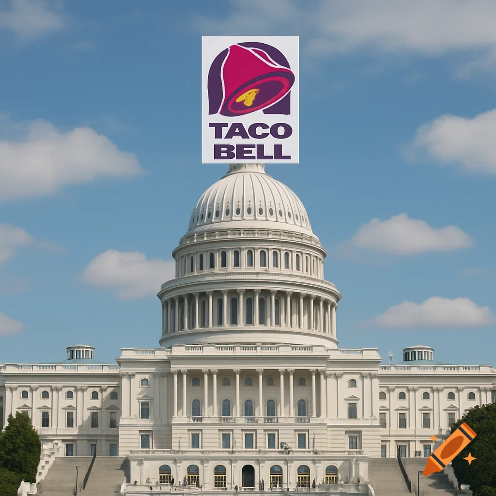 The US Capitol building with a Taco Bell logo on its dome against a blue sky.