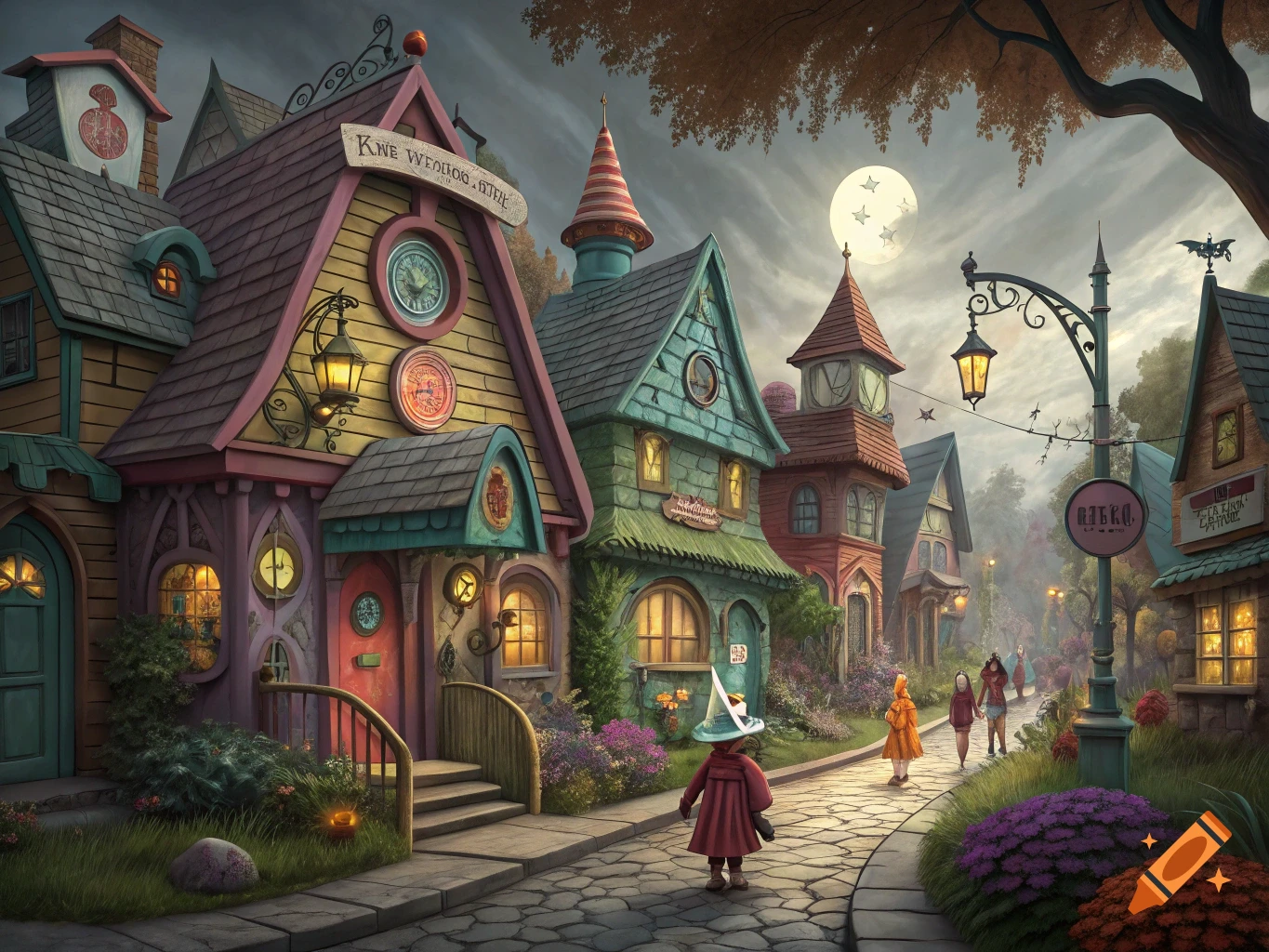 A whimsical fantasy village street scene at dusk with colorful buildings and people.