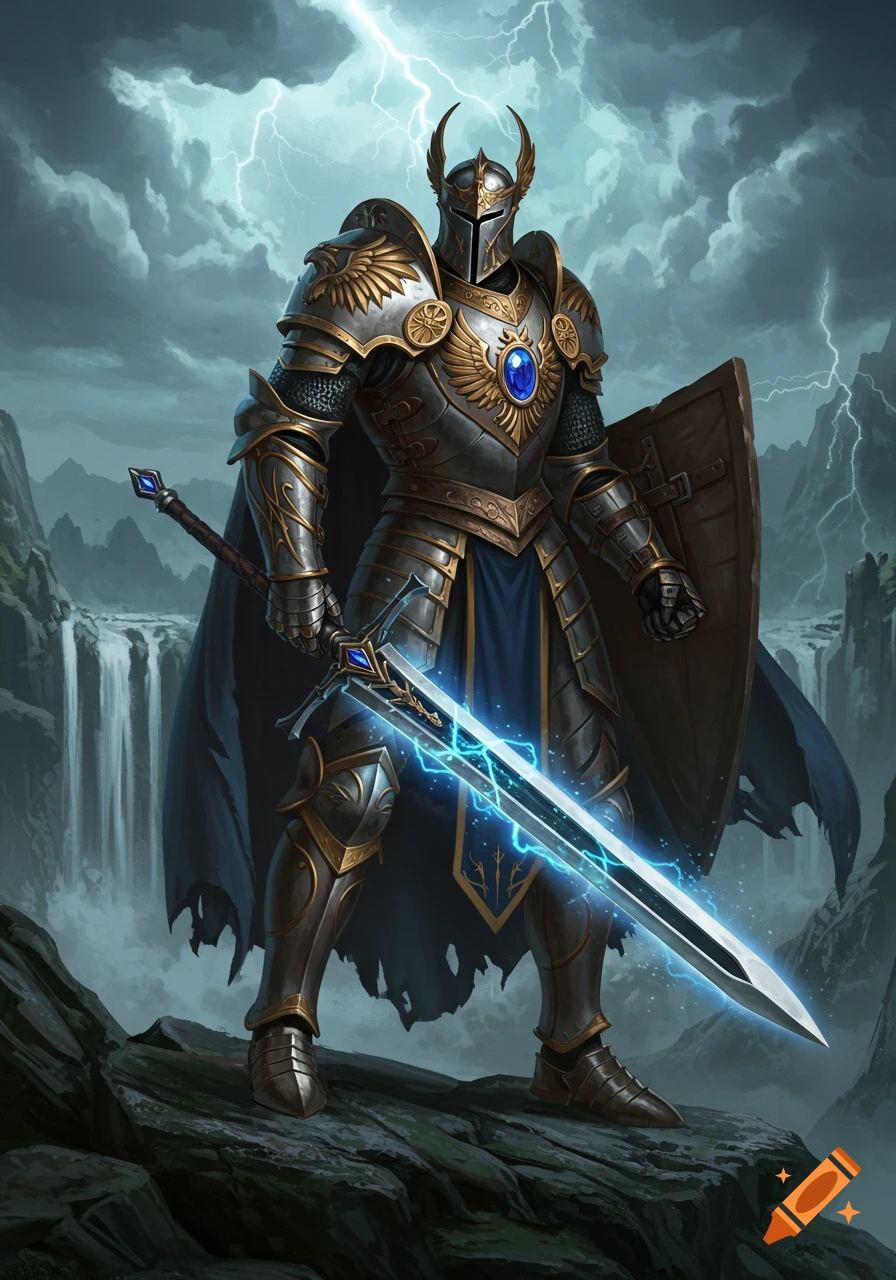 A fantasy knight warrior in elaborate armor holds a glowing sword against a stormy mountain landscape with lightning and waterfalls.