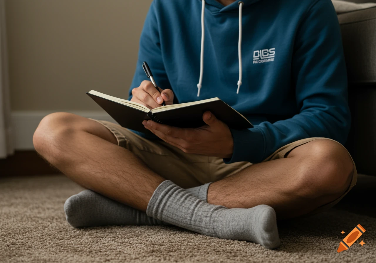 A man sits cross-legged on the floor, writing in a notebook.