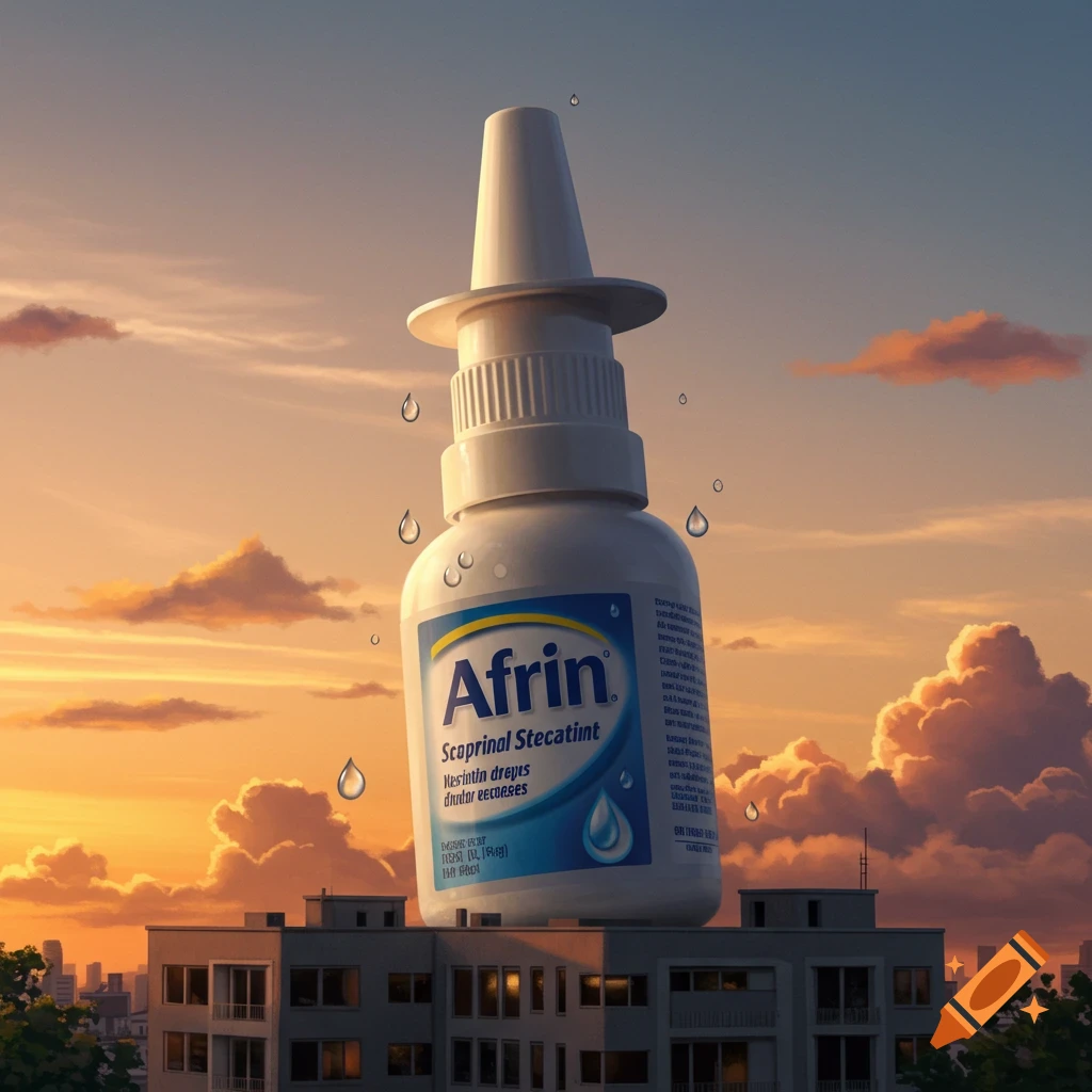 A giant Afrin nose spray bottle sits on top of a building under a vibrant sunset sky with water droplets.