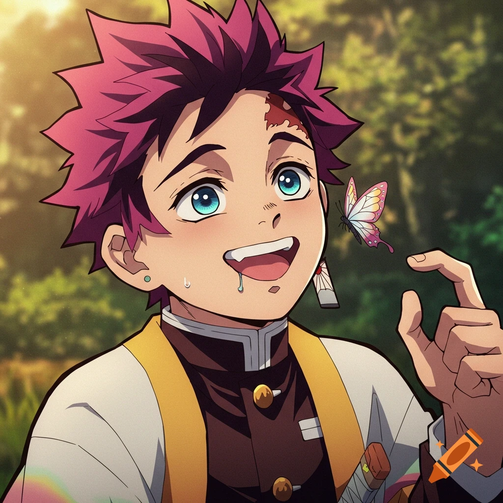 Anime character with pink hair and scar looks up at a butterfly, drool on chin.
