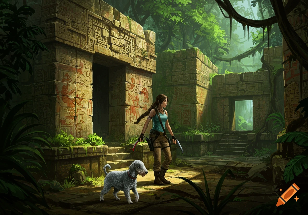Lara Croft-like character and a grey dog walk through overgrown jungle ruins.