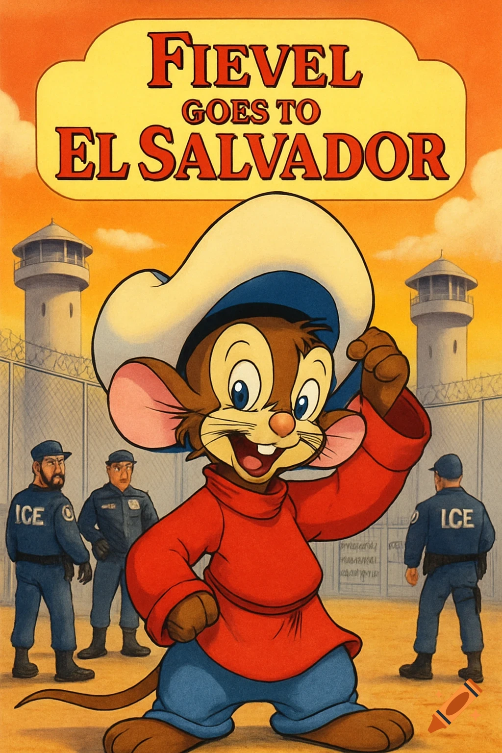 Cartoon movie poster parody shows Fievel the mouse in front of a prison with ICE agents, titled 'Fievel Goes to El Salvador'.