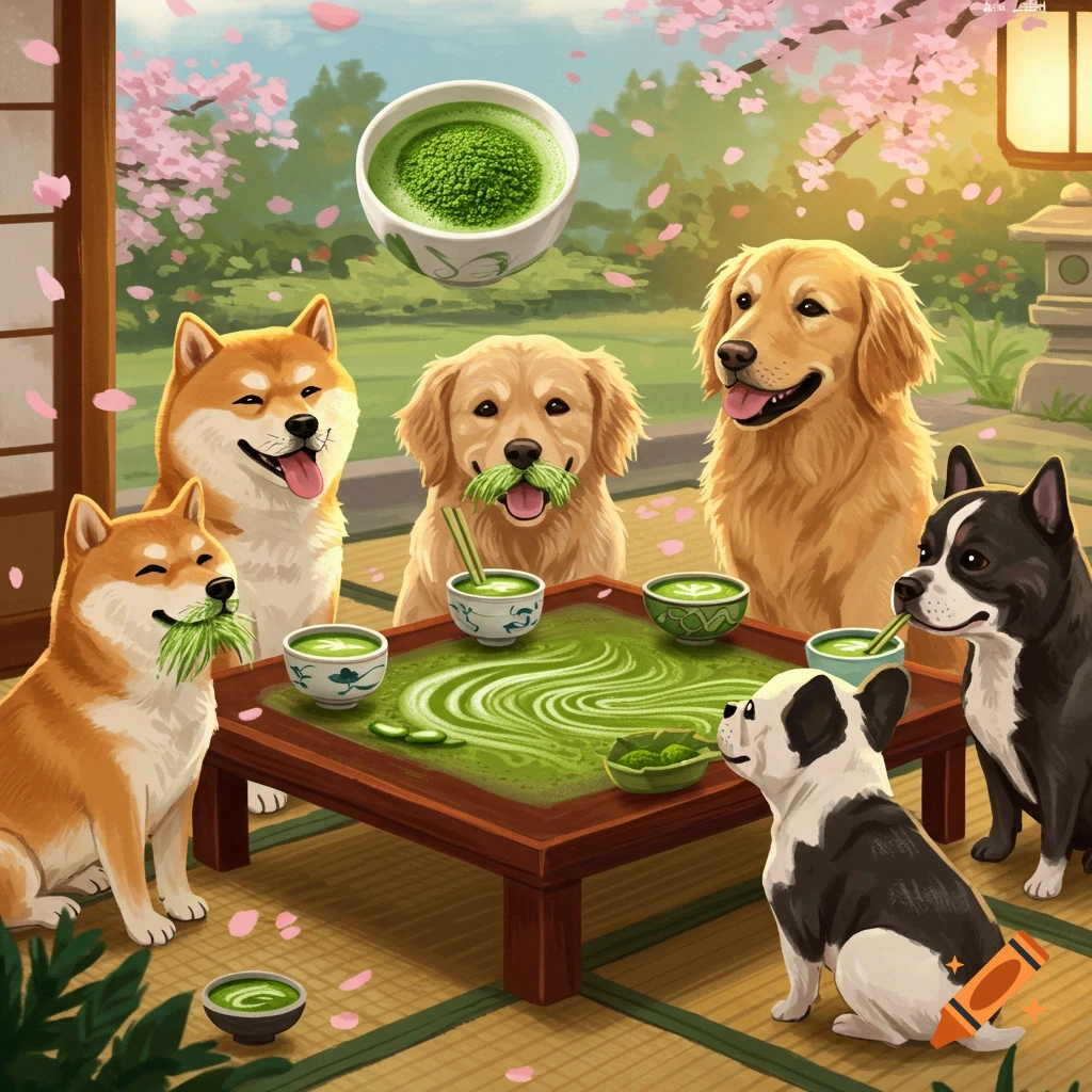 Dogs drinking matcha tea around a table in a Japanese room with cherry blossoms.