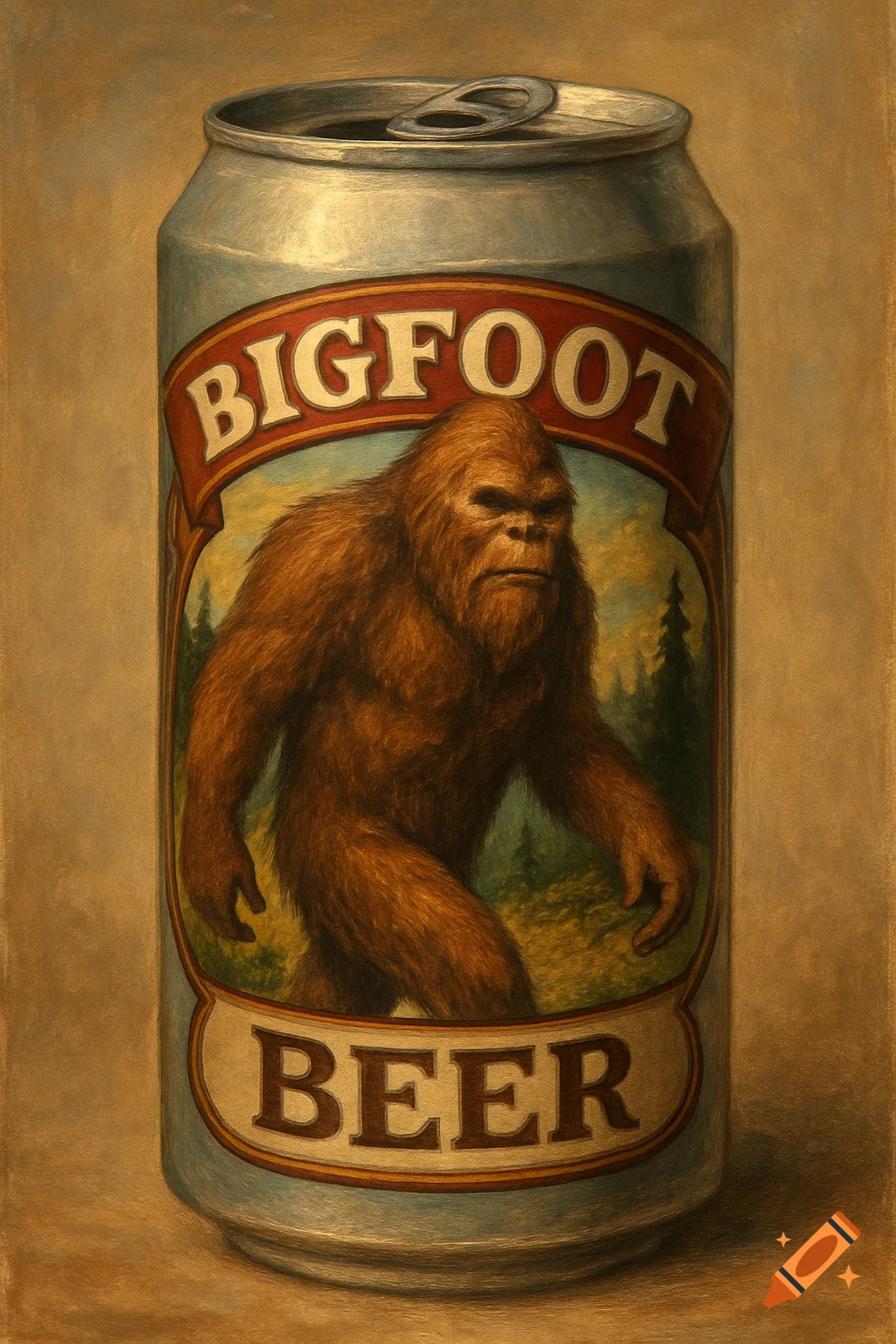 A beer can with a label depicting Bigfoot in a painted style.