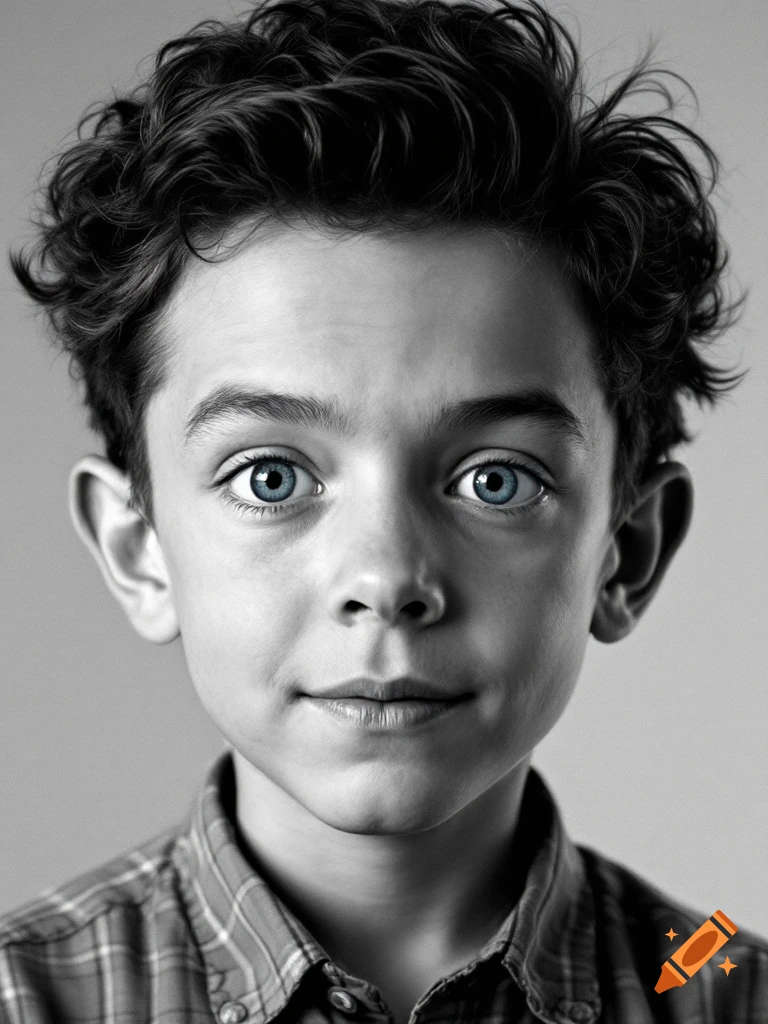 Close-up black and white portrait of a young boy with curly hair and striking blue eyes.