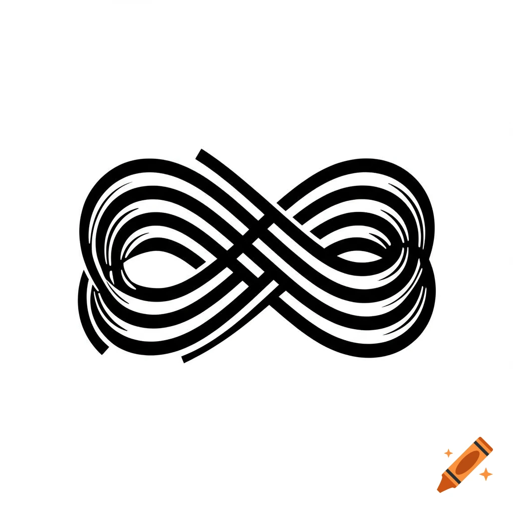 A black and white emblem of an infinity symbol made of multiple parallel lines.