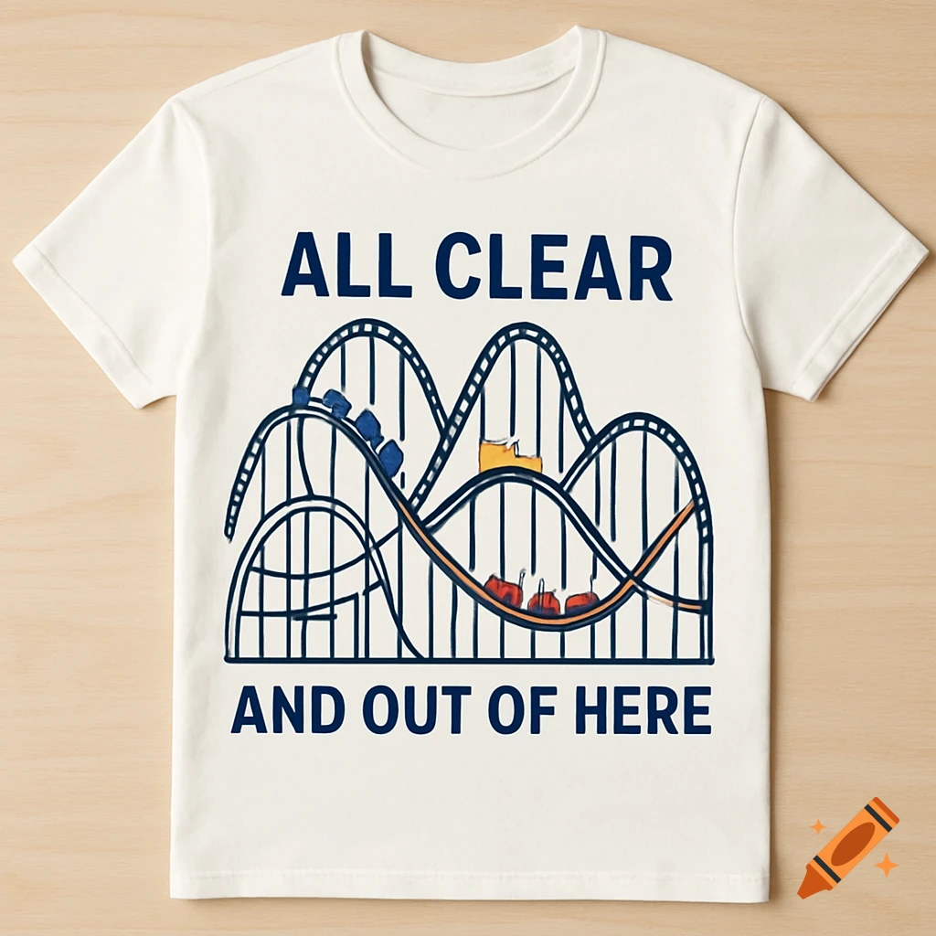 A white t-shirt with a roller coaster illustration and the text ALL CLEAR AND OUT OF HERE.