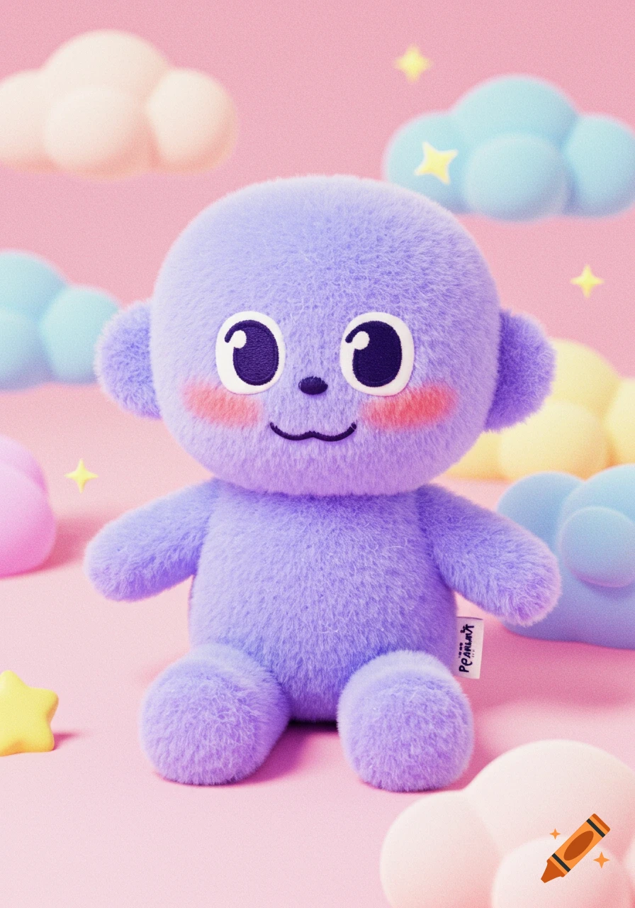 A cute purple fluffy plush toy with big eyes and rosy cheeks sits against a pink background with soft pastel clouds and stars.