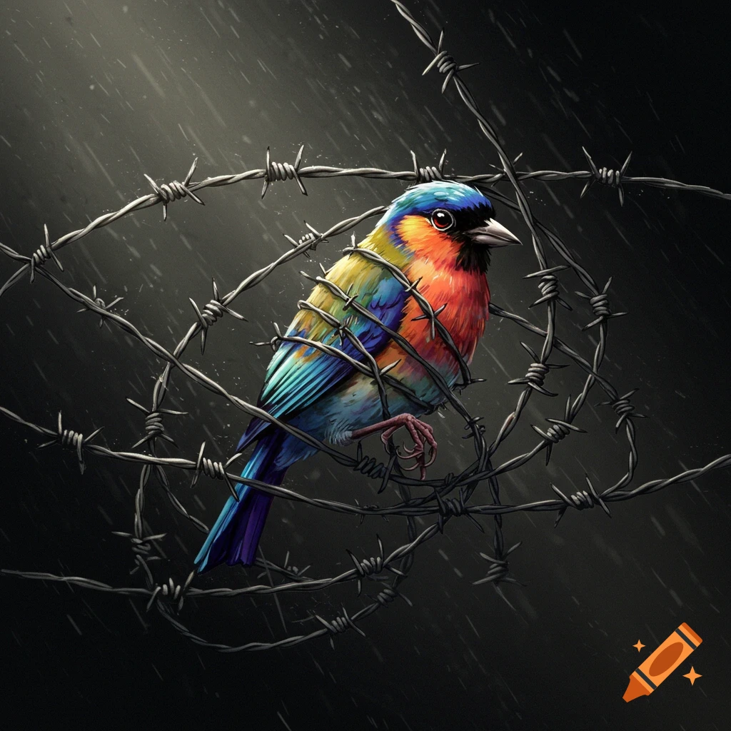 Colorful bird tangled in barbed wire during rain.