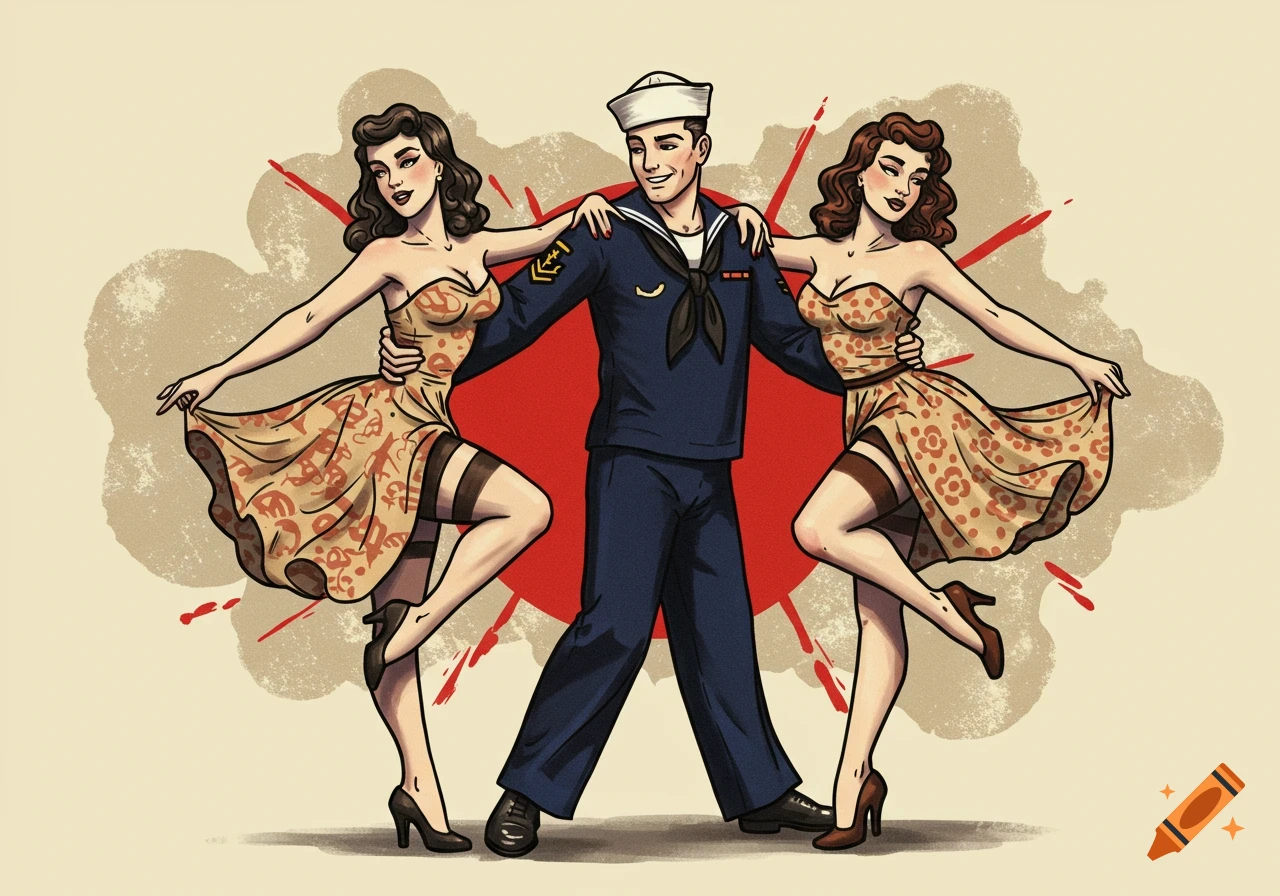Pin-up sailor with two women dancing in vintage tattoo art style.