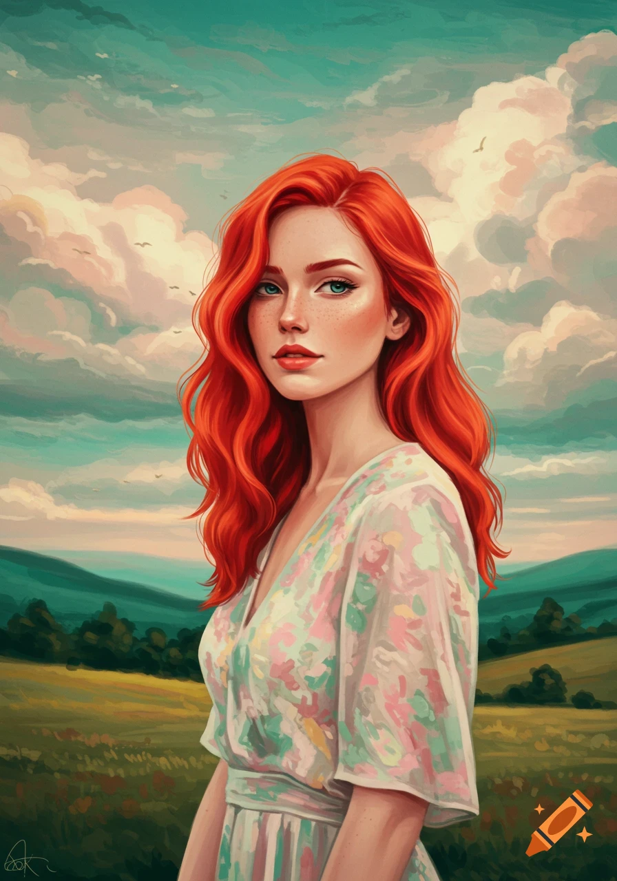 A portrait of a red-haired woman in a floral dress standing in a field ...