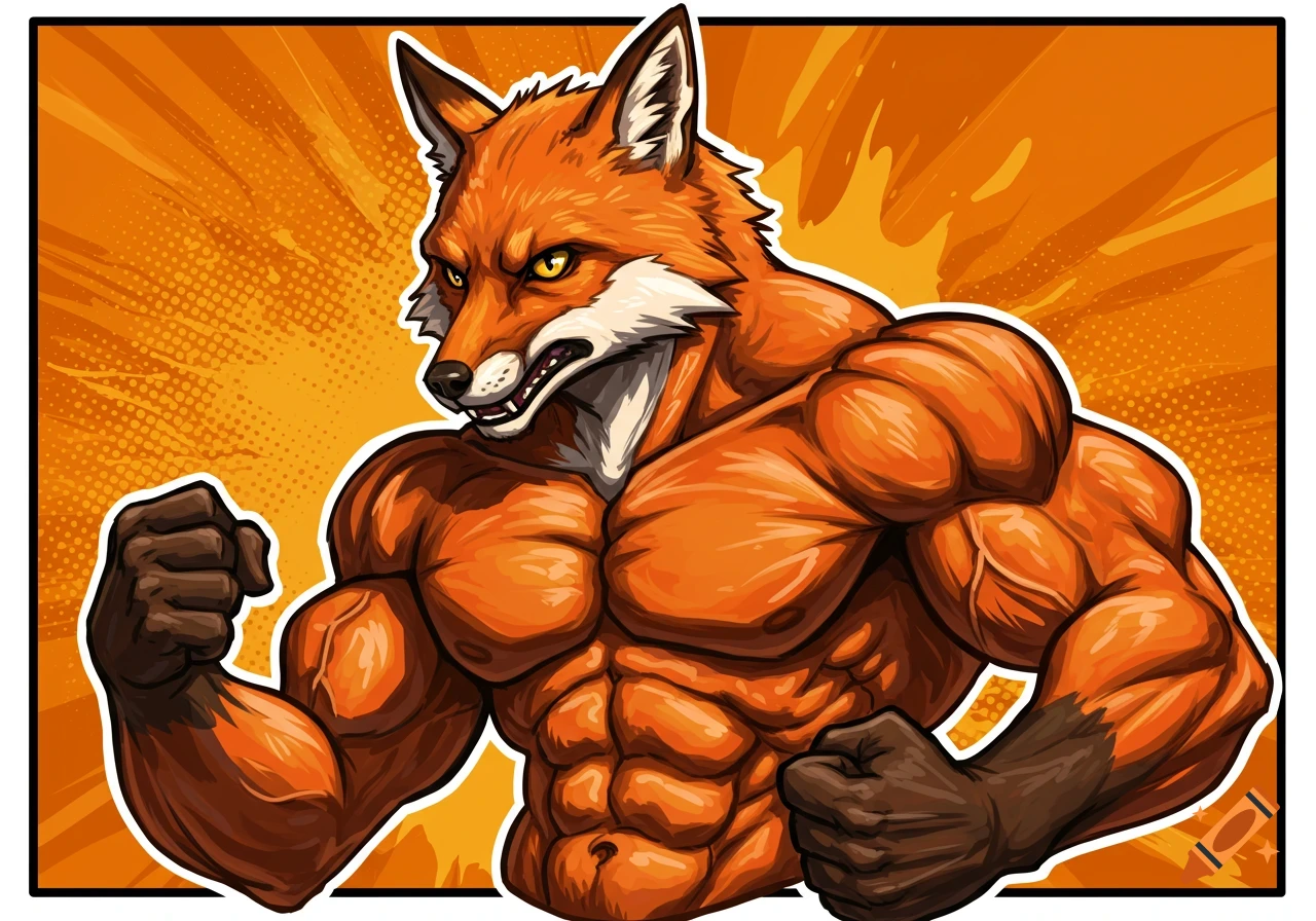 Muscular anthropomorphic fox illustration with a pop art background.