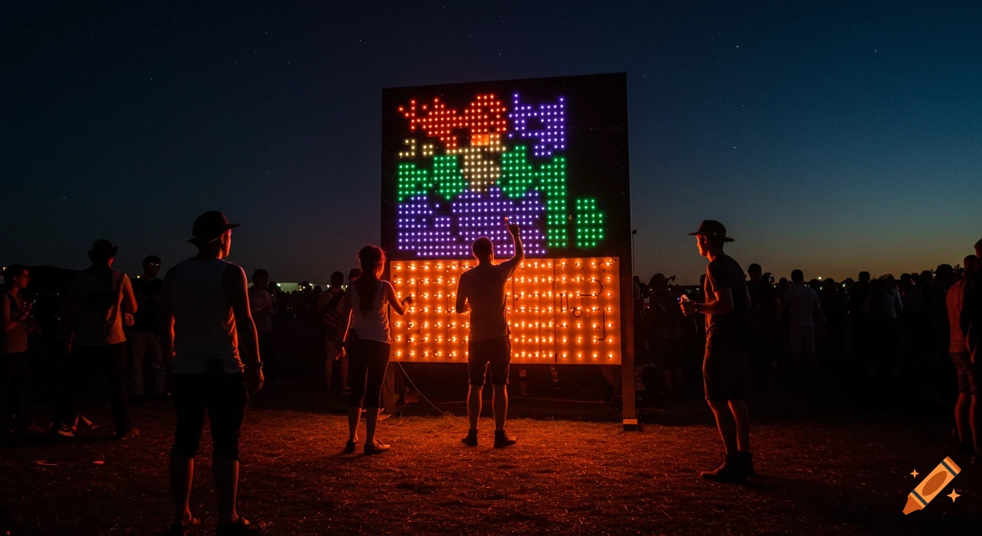 People interact with a giant light board showing colorful shapes and text at a dark music festival in a field.