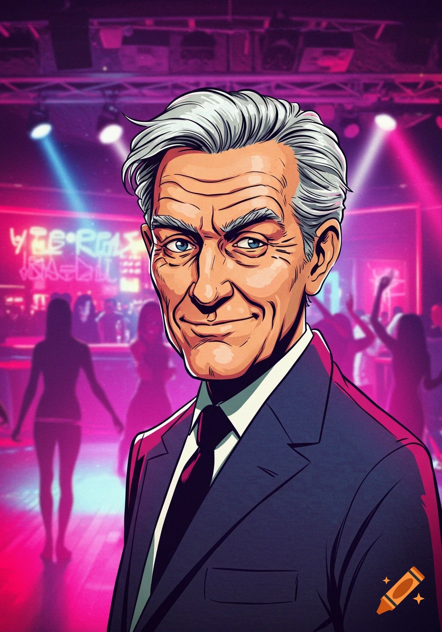 Cartoon illustration of an older man in a suit in a neon-lit club.