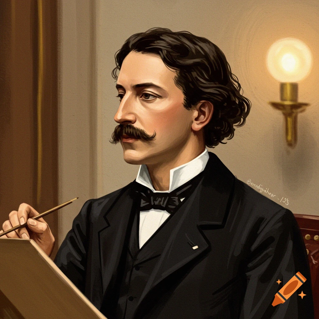 Portrait of a man with a mustache in a suit, painting.