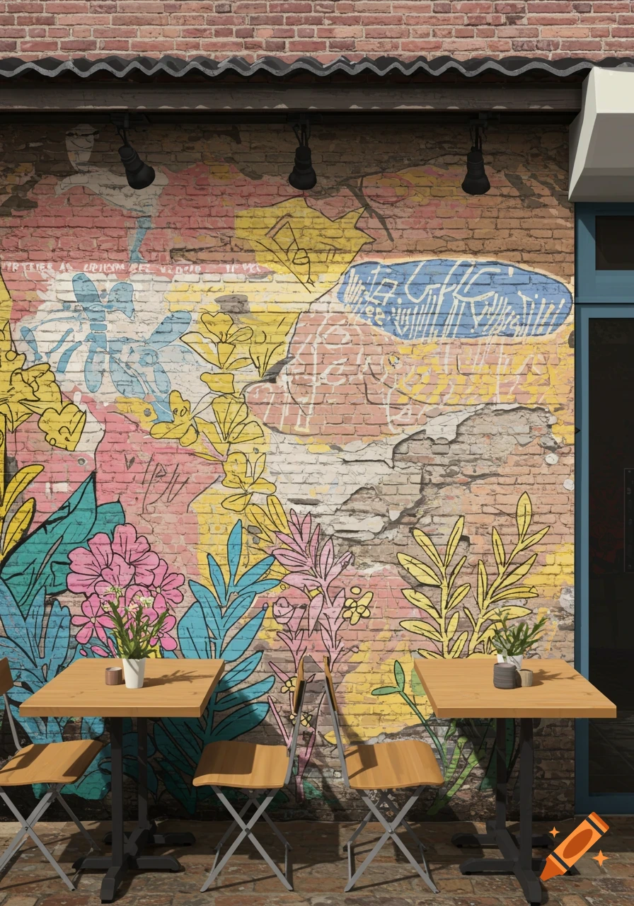 Outdoor cafe tables and chairs in front of a brick wall with a colorful, stylized mural.
