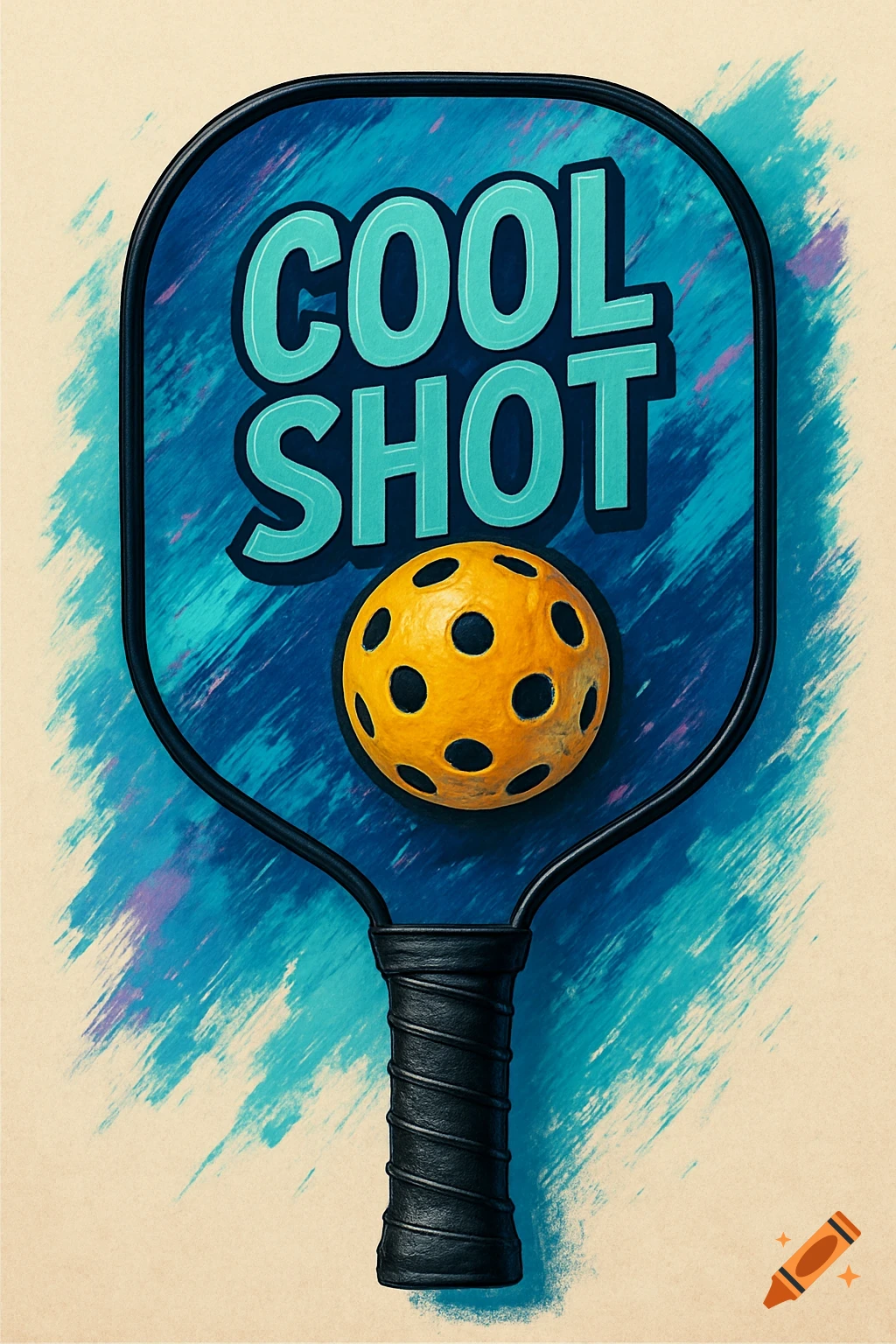 A pickleball paddle with a ball and the words "COOL SHOT" in stylized blue text, set against a blue and purple brushstroke background.