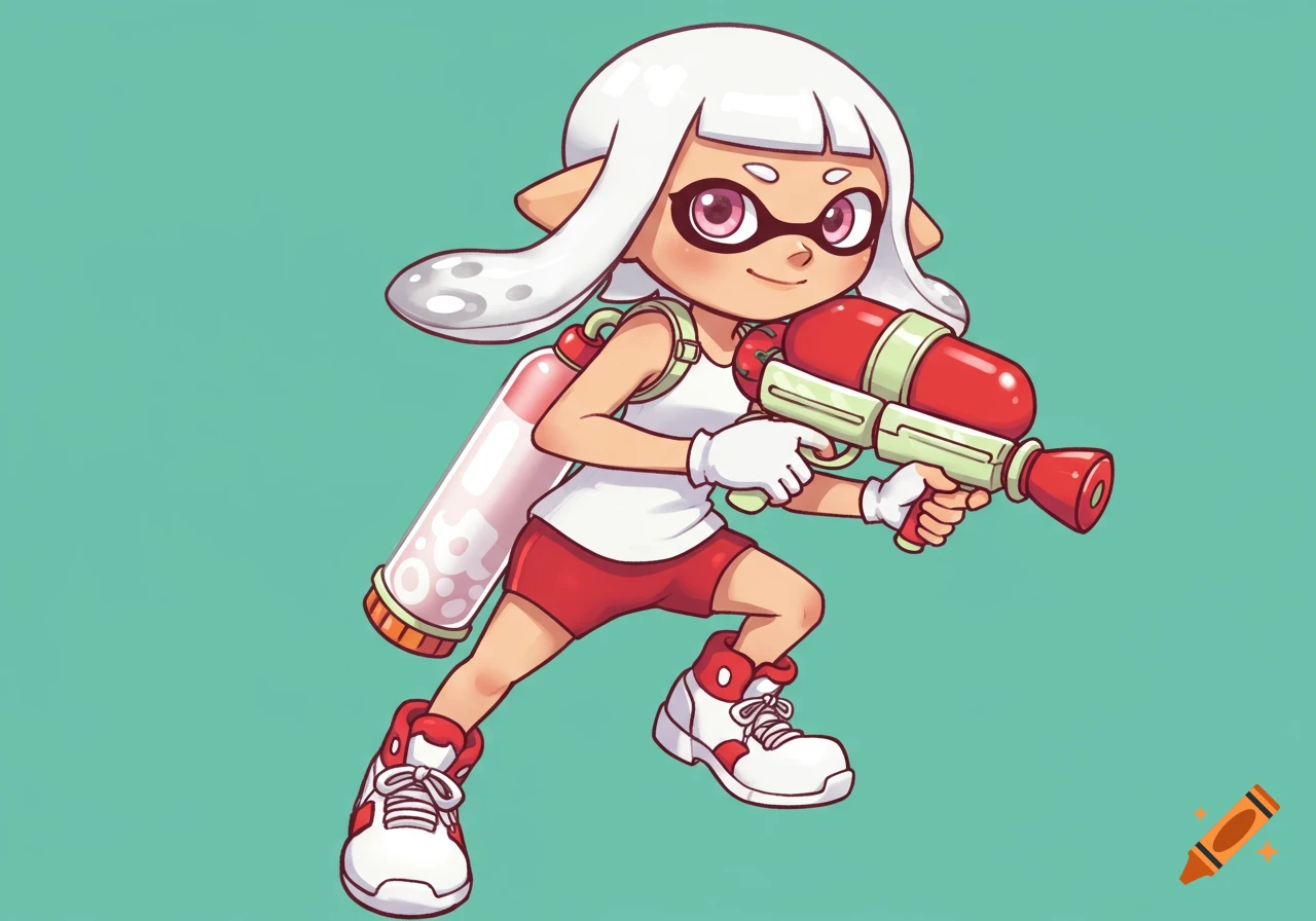 Cartoon illustration of an Inkling girl from Splatoon holding a red and green water gun.