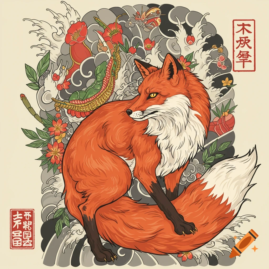 Stylized illustration of an orange fox sitting amidst traditional Japanese waves, flowers, and symbols.