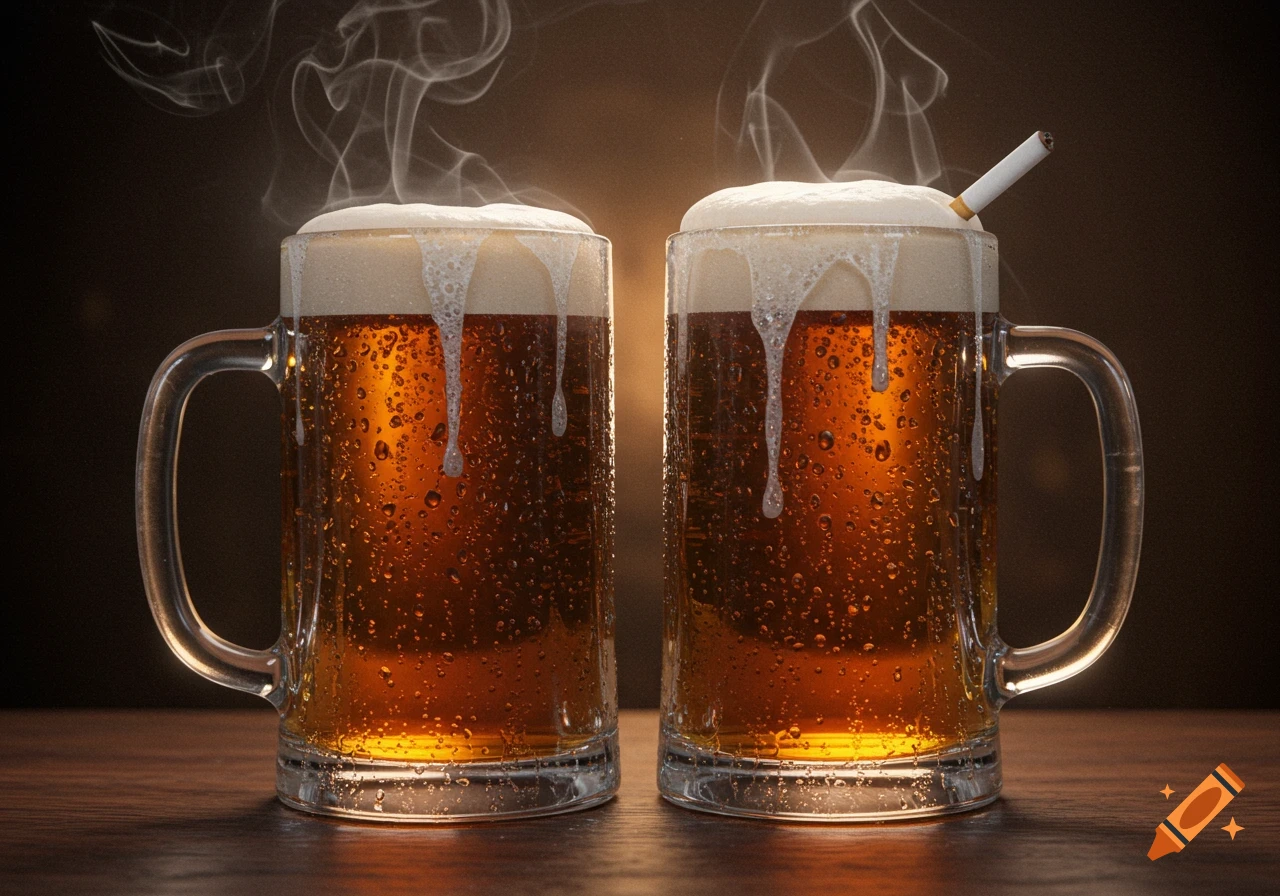 Two mugs of beer with condensation and foam, one with a cigarette stuck in the foam, and rising smoke.