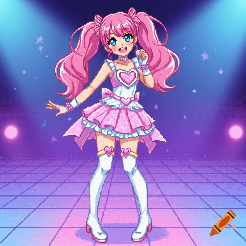 A pixel art drawing of a pink-haired pop idol singing on a stage.