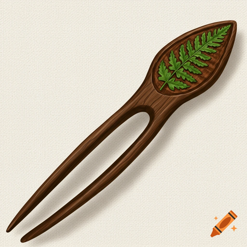 A wooden hair stick with a green fern leaf carved into the top, on a textured background.