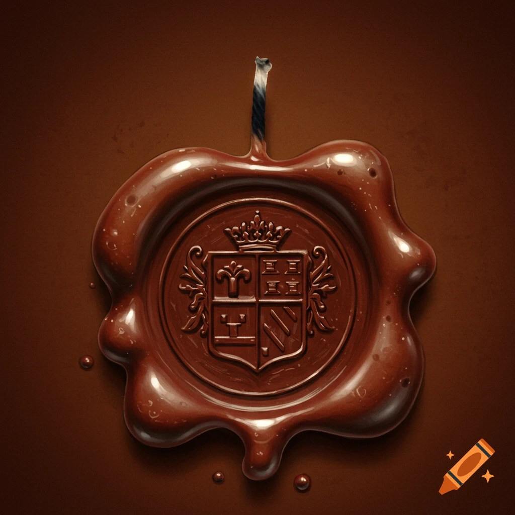 A realistic image of a chocolate wax seal with a coat of arms design and a burned wick.