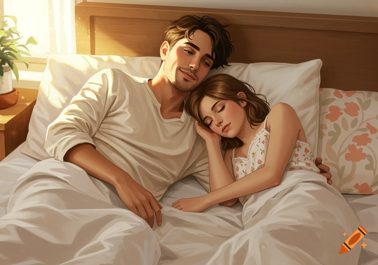 Young couple cuddling in bed in morning light, illustration