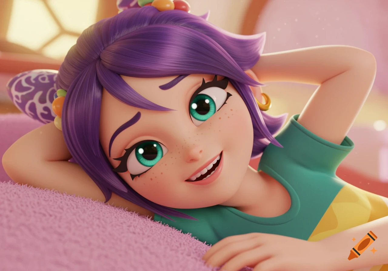 3D rendering of a smiling animated girl with purple hair resting on a pink surface