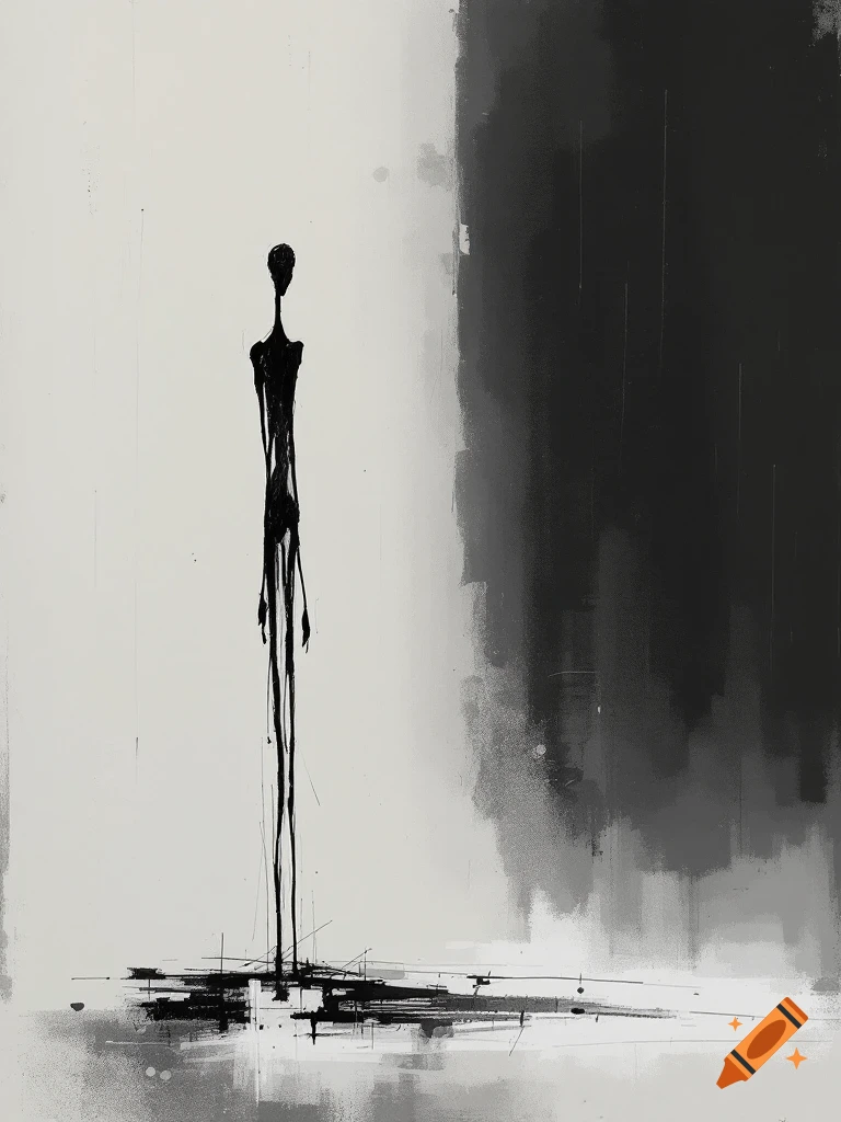 An abstract black and white sketchy painting of a tall, thin figure standing against a dark background.