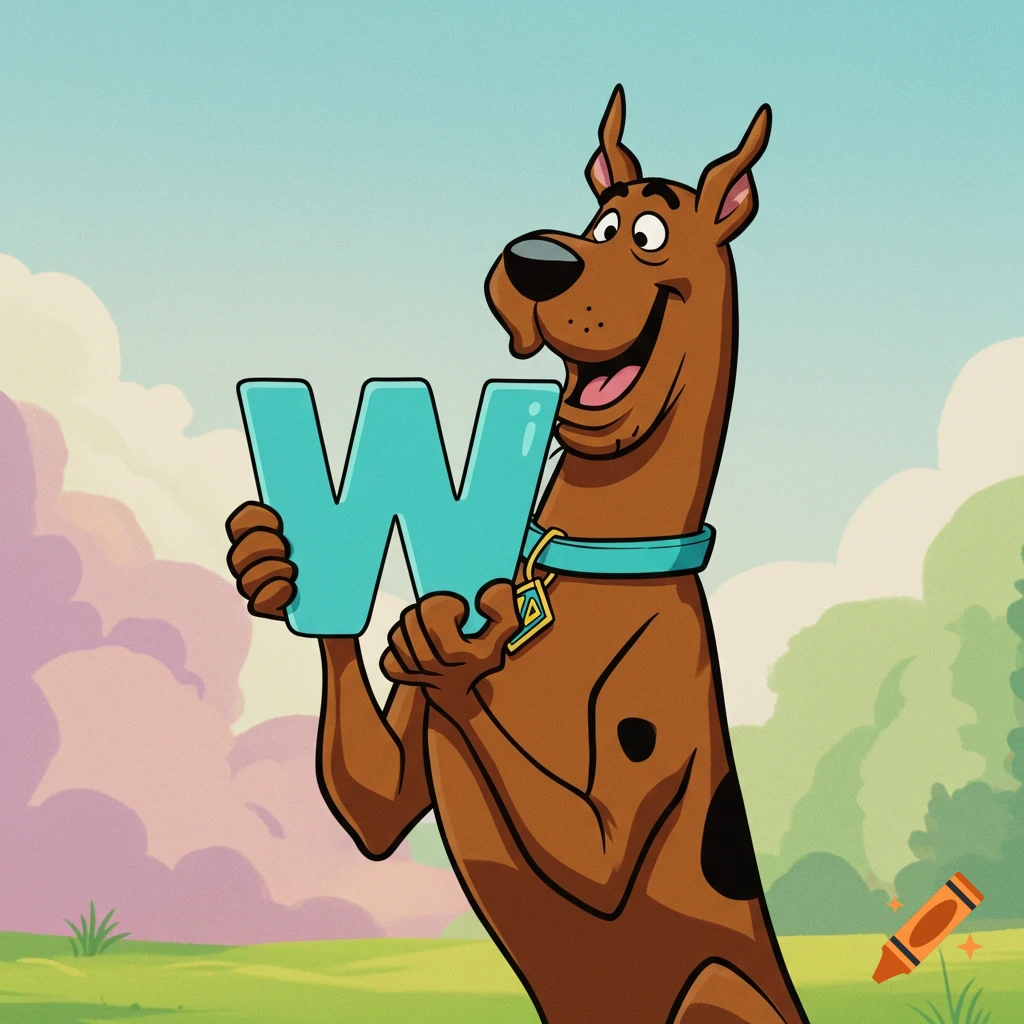 Scooby Doo holding a cyan letter W in a cartoon style