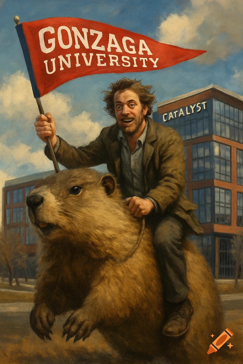 A disheveled man rides a large marmot, holding a Gonzaga University flag. A building labeled Catalyst is behind them.