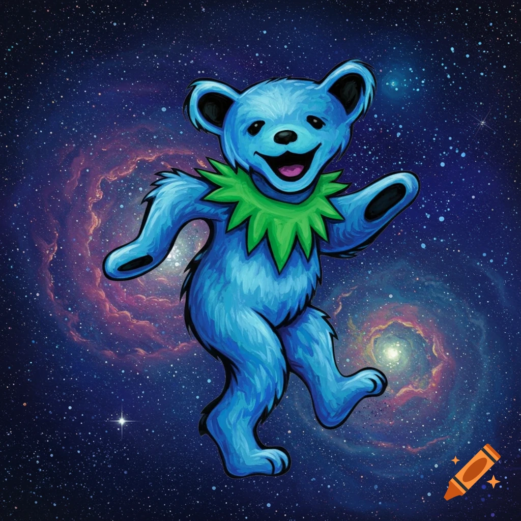 A blue Grateful Dead dancing bear with a green neckerchief dances in a starry galaxy.