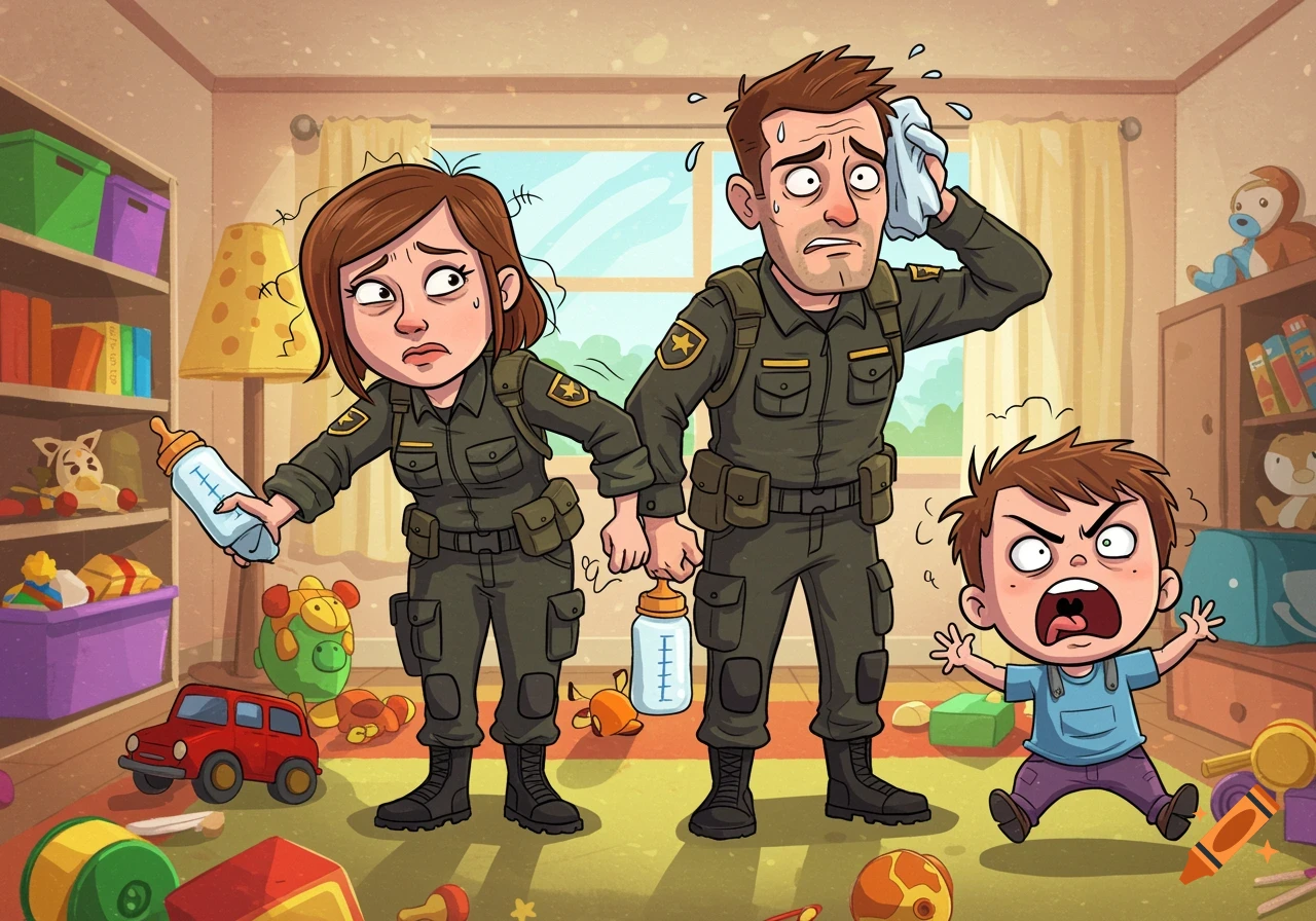Cartoon of two stressed parents in military-style uniforms holding baby bottles as a child screams in a messy playroom.