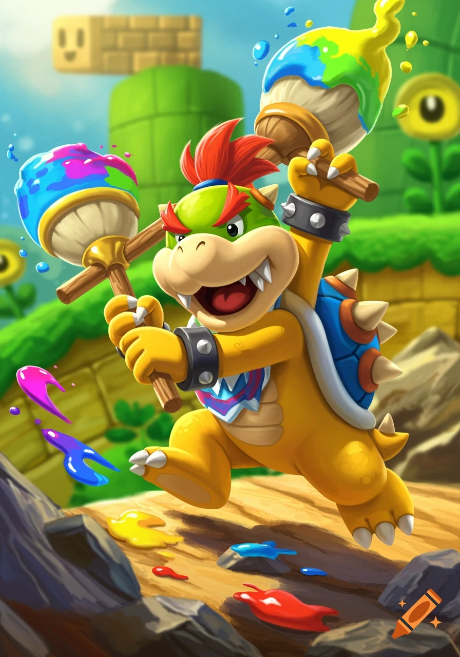 Bowser Jr. painting in a Super Mario level
