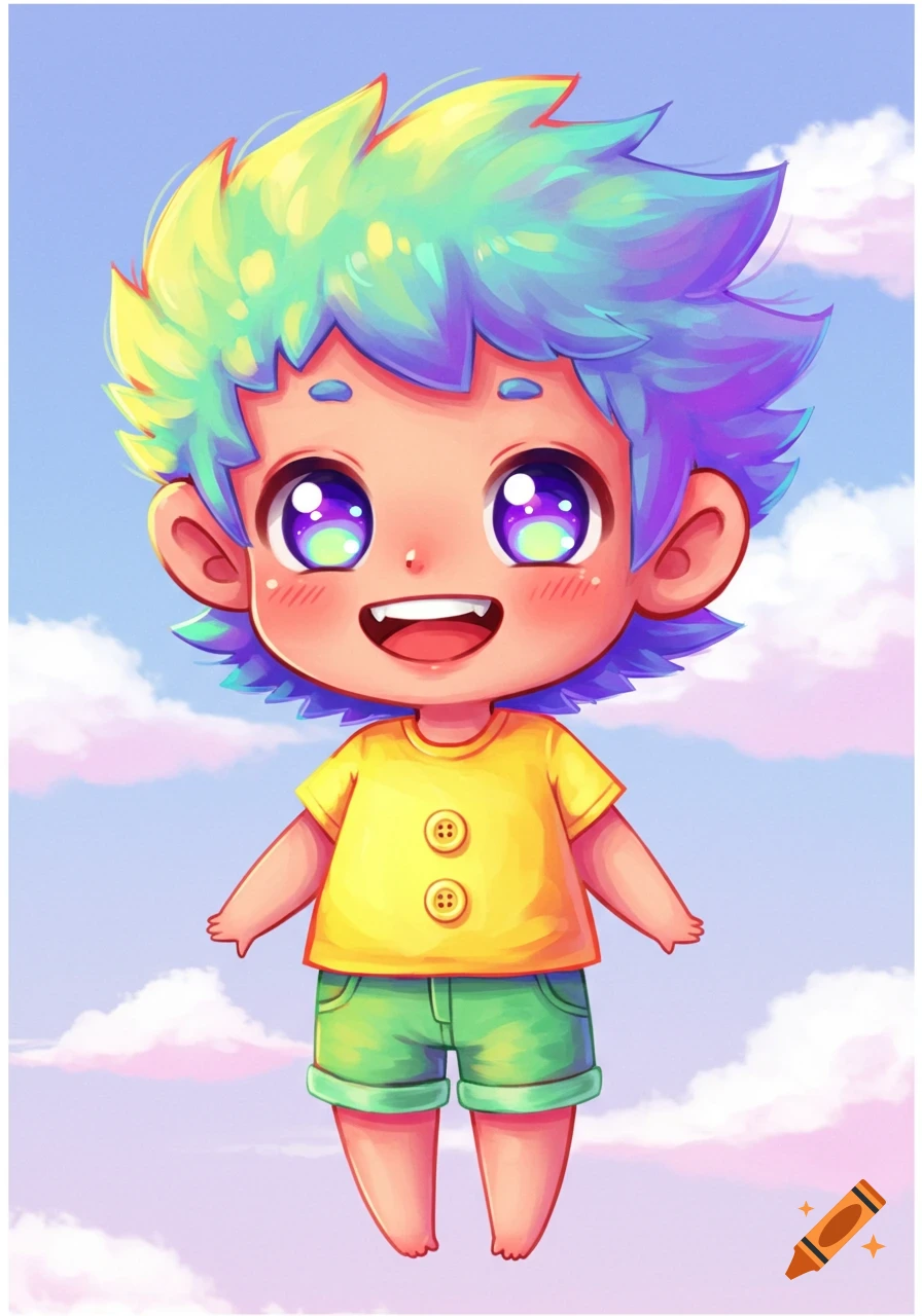 A colorful chibi character with rainbow hair floats in a pastel sky. on ...