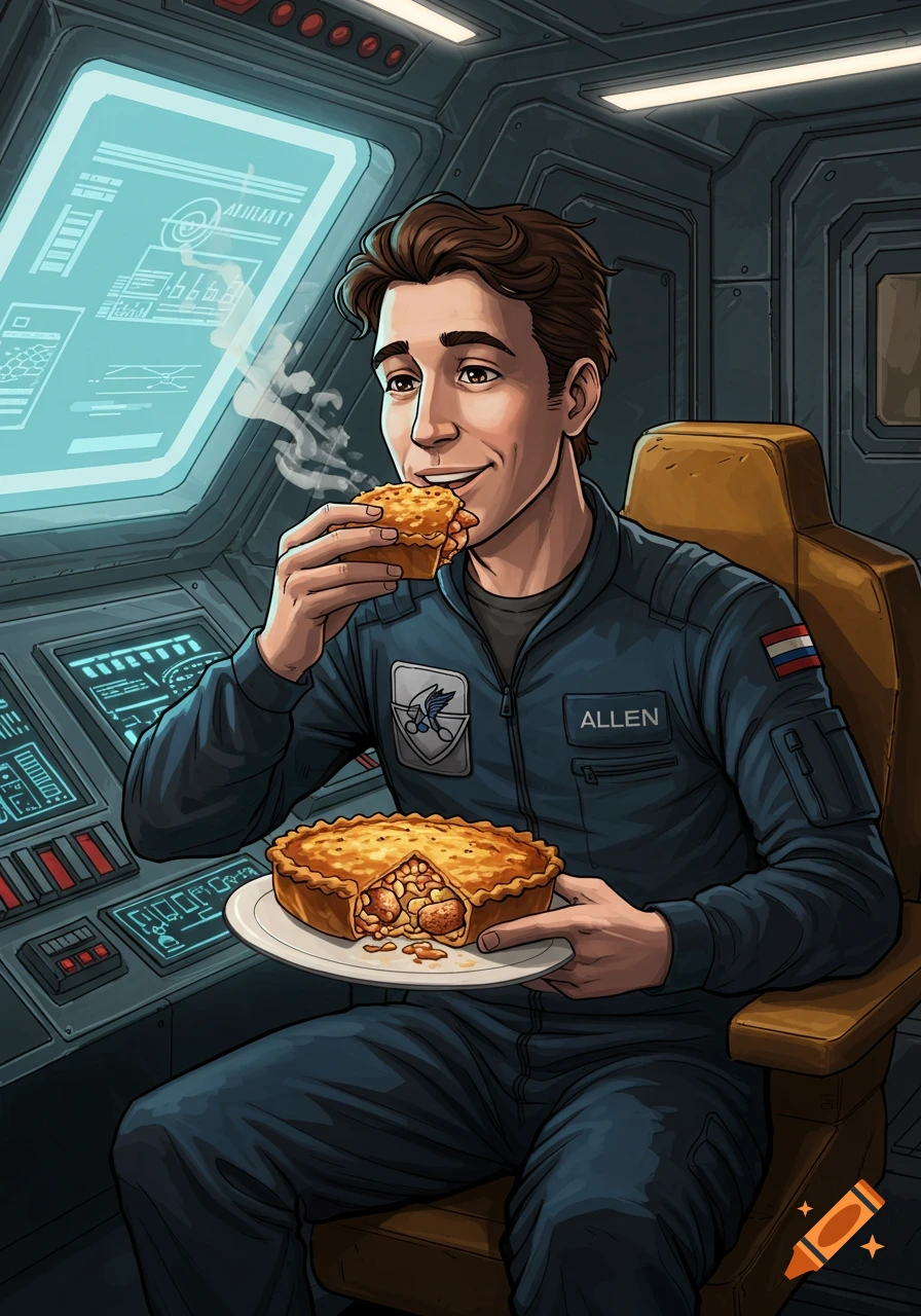Illustration of Allen eating a chicken bake in a futuristic spaceship cockpit.