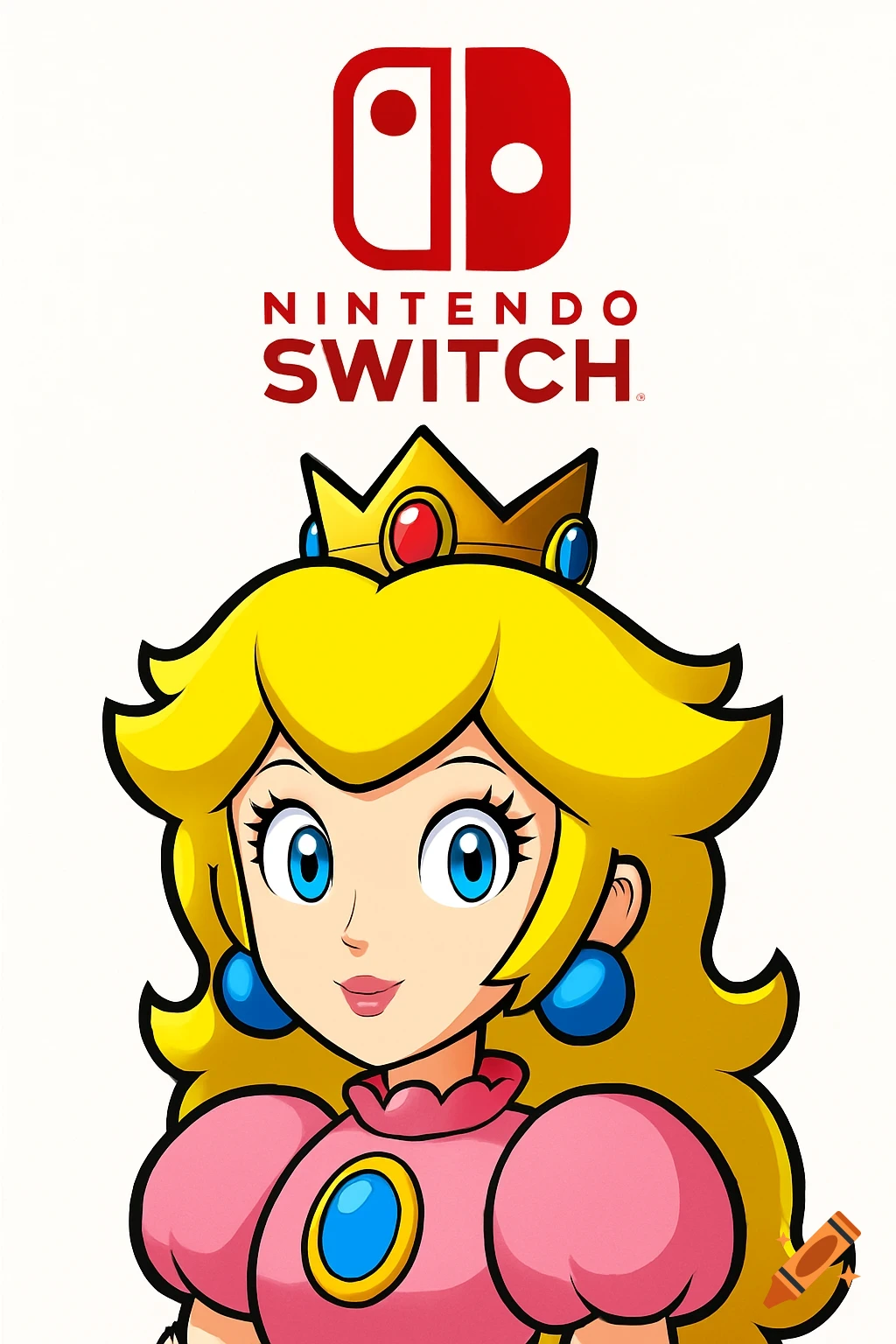 Cartoon headshot of Princess Peach with Nintendo Switch logo above on a white background.