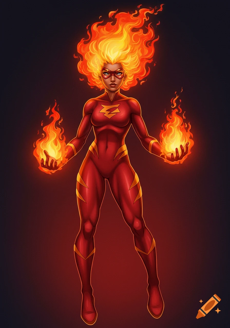 Superhero woman with fire hair and hands casting fire.
