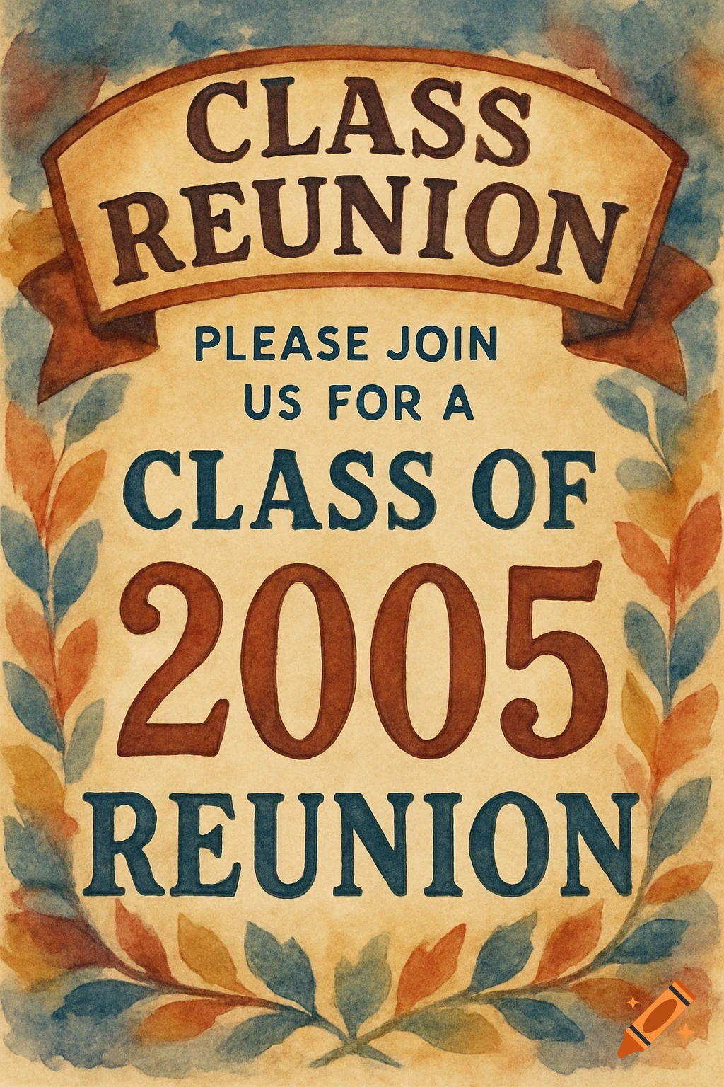 Watercolor class reunion invitation poster with text and leafy border.