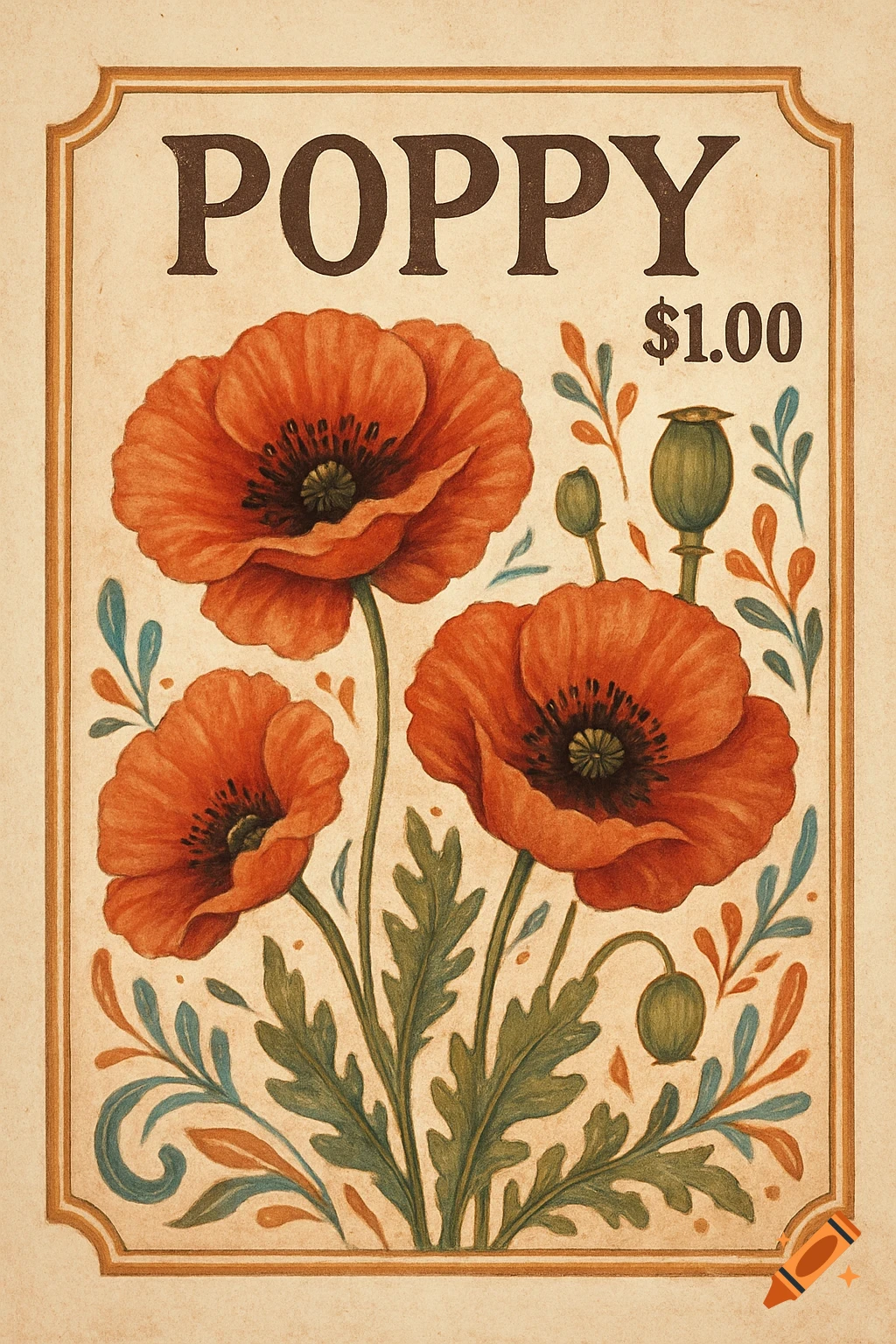 Illustration of red poppies with text 'POPPY $1.00' in a vintage style frame.