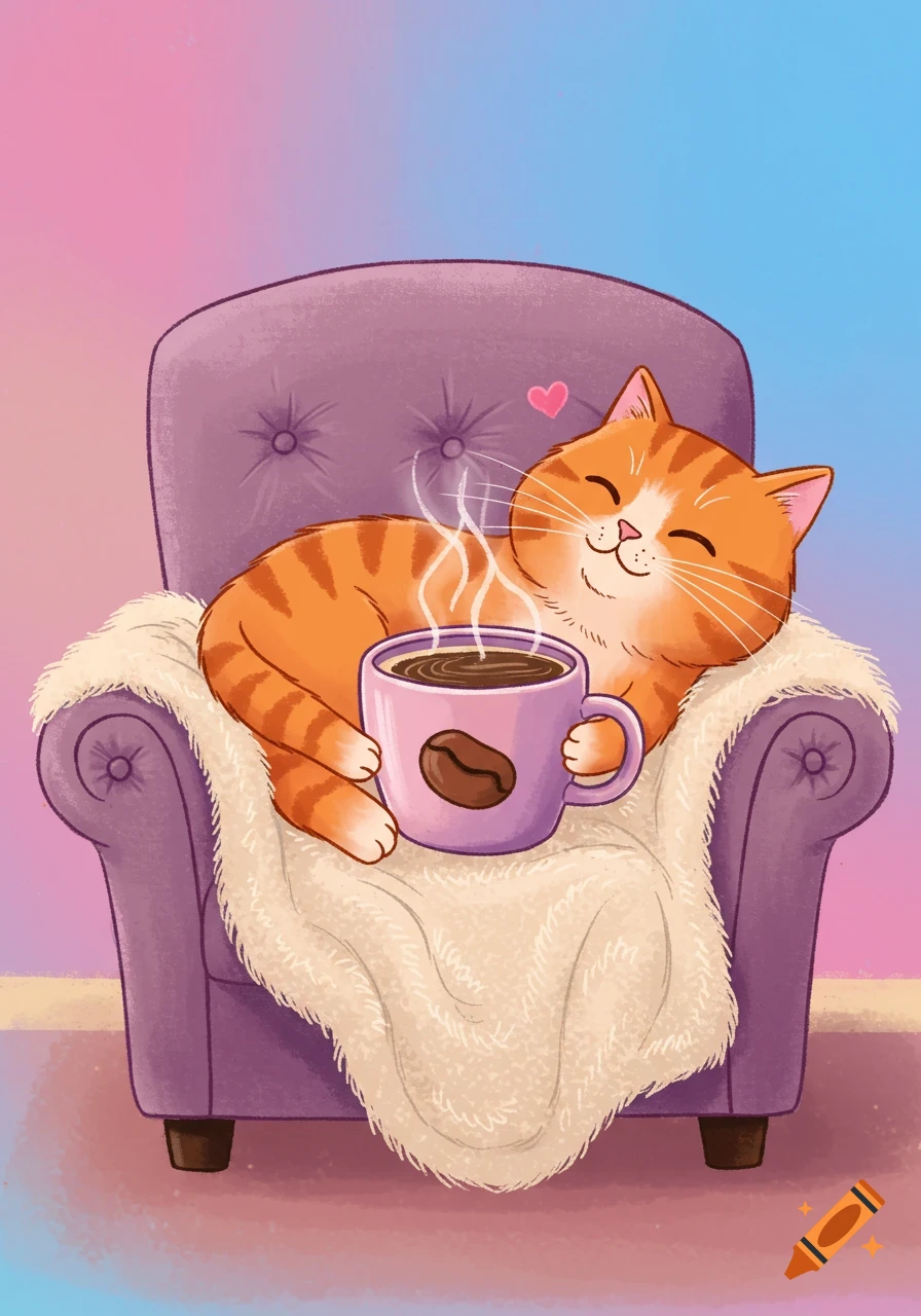Cartoon orange tabby cat relaxes in a chair with a coffee mug, illustration