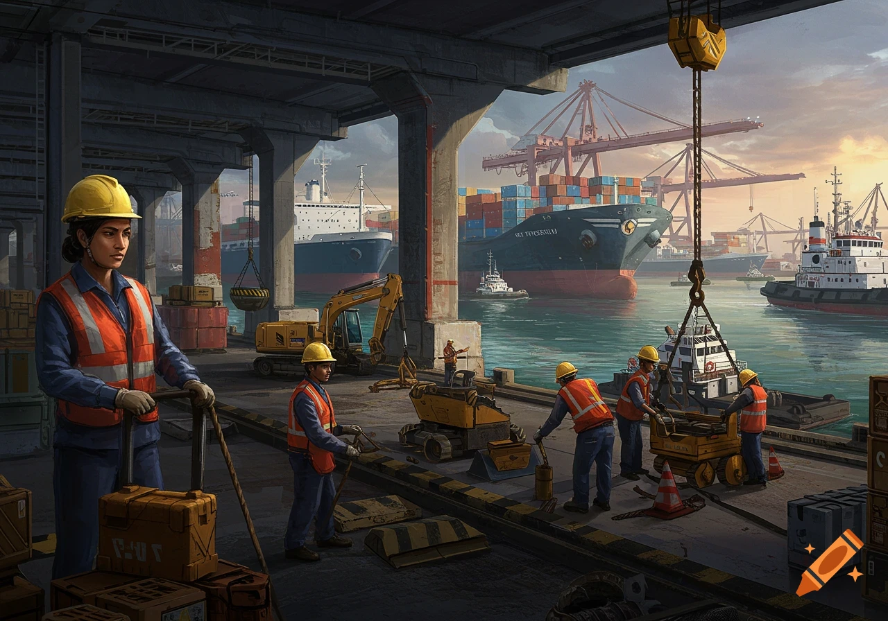 Workers and cranes at a busy marine terminal with large container ships and tugboats under a sunset sky, illustration.